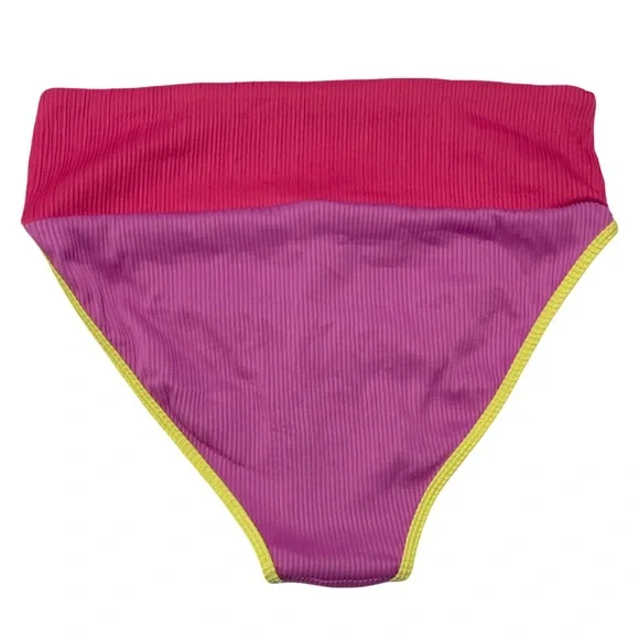 Two Piece Ribbed Adjustable Padded Pink Purple Yellow High-Waist Bikini Set - Picture 9 of 10